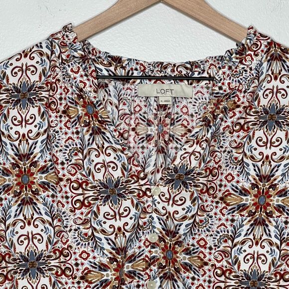 LOFT Womens Button Up Top XL Red Blue Floral Geometric Popover Boho Flowy - Picture 5 of 11